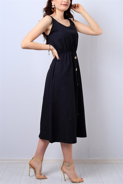 Siyah Eteği Düğme Detaylı Bayan Elbise 13722B