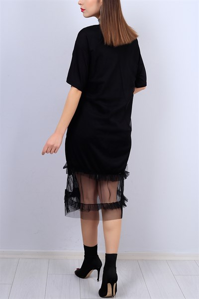 Siyah Eteği Fırfırlı Bayan Tüllü Elbise 12809B