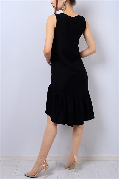 Siyah Eteği Fırfırlı Kolsuz Bayan Elbise 14018B
