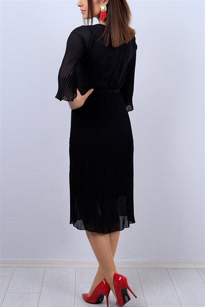 Siyah Eteği Pileli Bayan Şifon Elbise 11683B