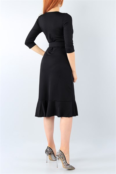 Siyah Eteği Volanlı Kemerli Elbise 39049
