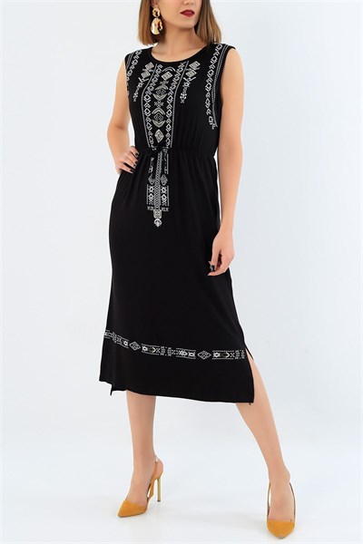 Siyah Etnik Desenli Yırtmaçlı Elbise 33050