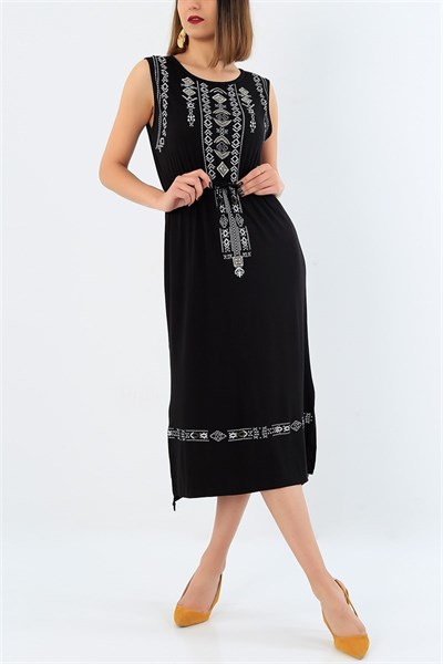 Siyah Etnik Desenli Yırtmaçlı Elbise 33050