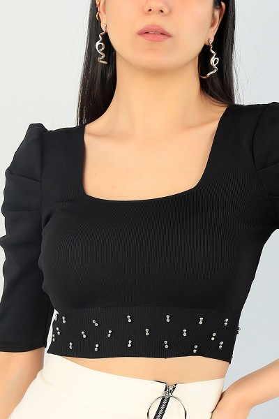 Siyah Fakir Kol Taşlı Triko Bluz 65621