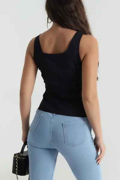 Siyah Fermuarlı Askılı Tencel Kadın Bluz 482541