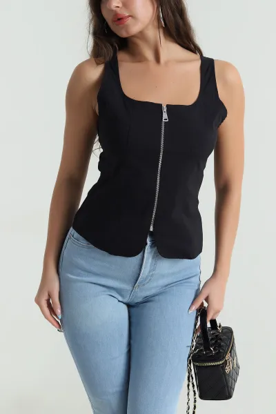 Siyah Fermuarlı Askılı Tencel Kadın Bluz 482541