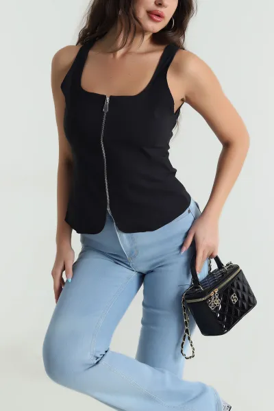 Siyah Fermuarlı Askılı Tencel Kadın Bluz 482541
