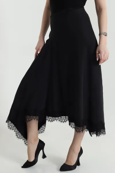 Siyah Fermuarlı Dantel Tencel Gabardin Kadın Etek 444181