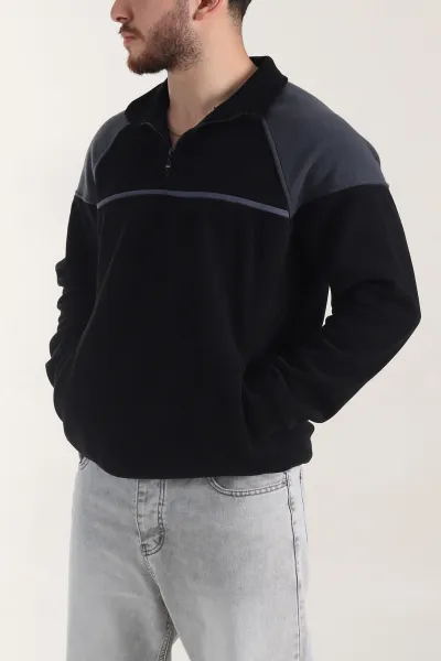 Siyah Fermuarlı Dik Yaka Polar Kumaş Erkek Sweatshirt 404305