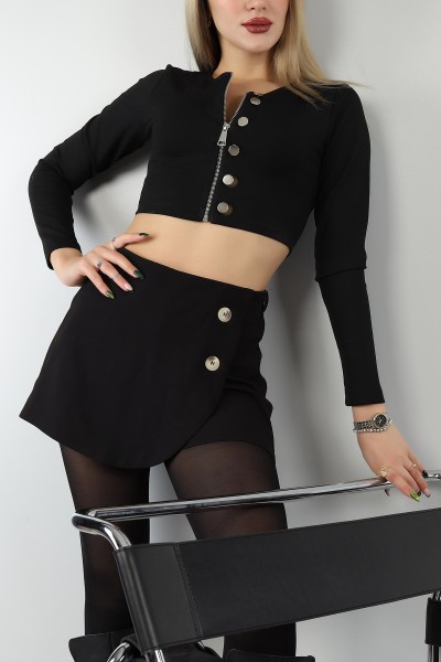 Siyah Fermuarlı Düğme Detay Crop Bluz 148701