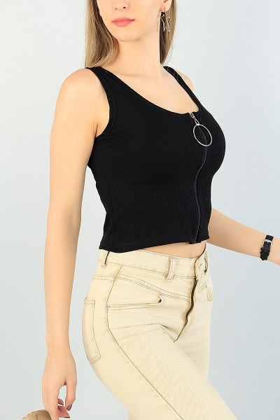 Siyah Fermuarlı Fitilli Bluz 63020