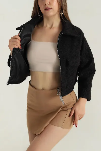 Siyah Fermuarlı Kaşe Kadın Mont 404851