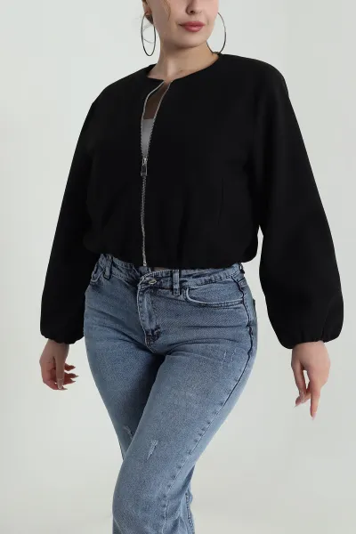 Siyah Fermuarlı Kaşe Kadın Mont 486090