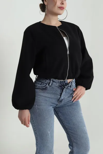 Siyah Fermuarlı Kaşe Kadın Mont 486090