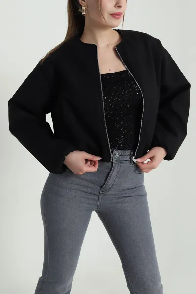 Siyah Fermuarlı Kaşe Kadın Mont 488310