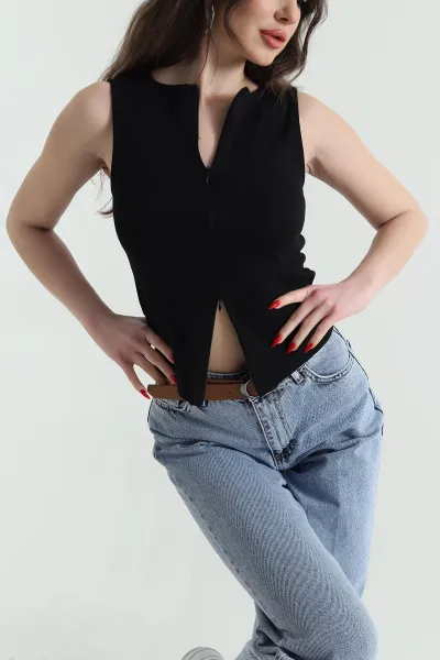 Siyah Fermuarlı Kolsuz İnterlok Kadın Bluz 440348