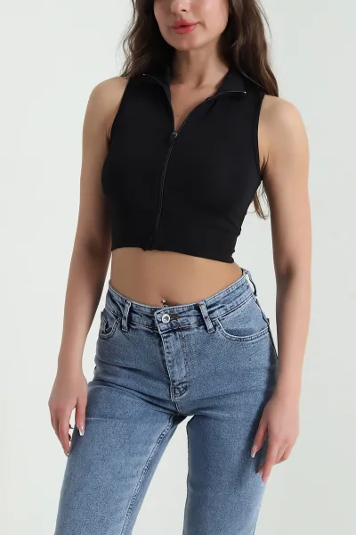 Siyah Fermuarlı Kolsuz Sandy Bluz 458207