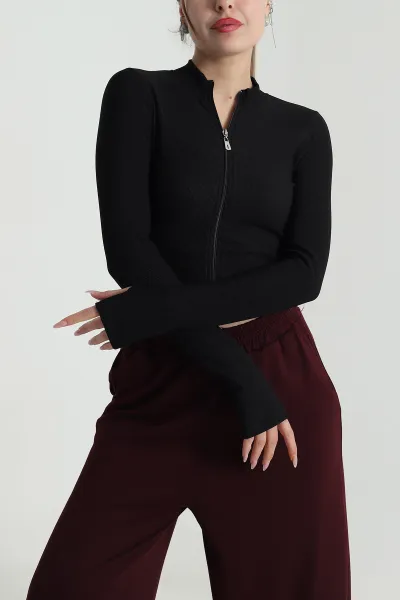 Siyah Fermuarlı Likralı Ottoman Kumaş Crop 489920