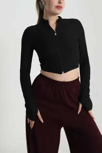 Siyah Fermuarlı Likralı Ottoman Kumaş Crop 489920
