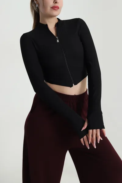 Siyah Fermuarlı Likralı Ottoman Kumaş Crop 489920
