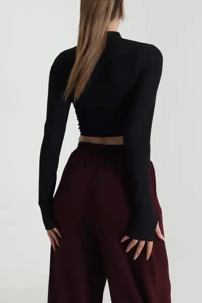 Siyah Fermuarlı Likralı Ottoman Kumaş Crop 489920