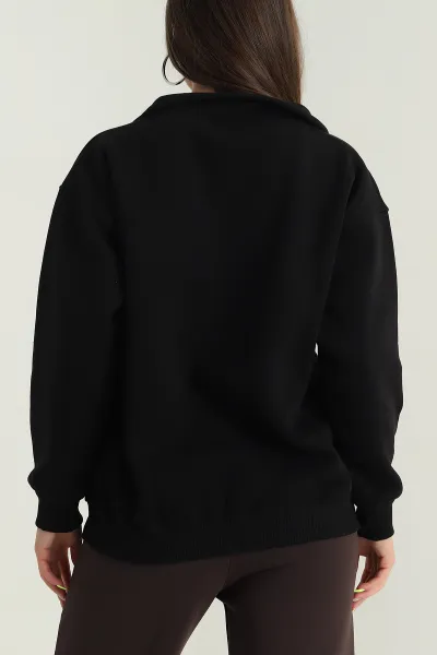Siyah Fermuarlı Nakışlı Şardonlu Kadın Sweat 387842