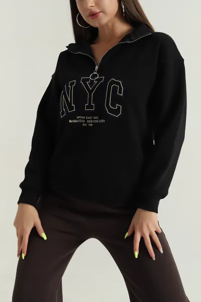 Siyah Fermuarlı Nakışlı Şardonlu Kadın Sweat 387842