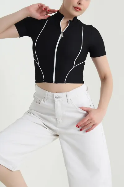 Siyah Fermuarlı Ottoman Crop 467198