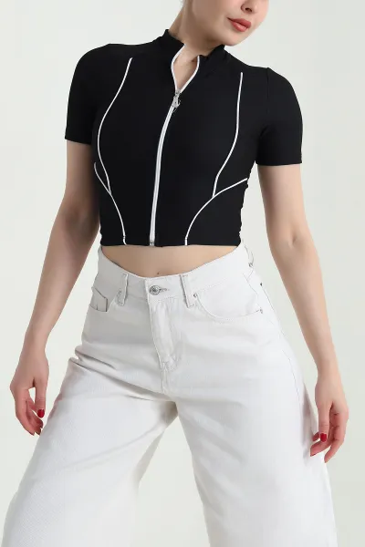 Siyah Fermuarlı Ottoman Crop 467198