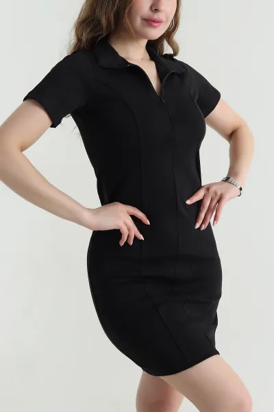 Siyah Fermuarlı Polo Yaka İnterlok Kadın Elbise 473880