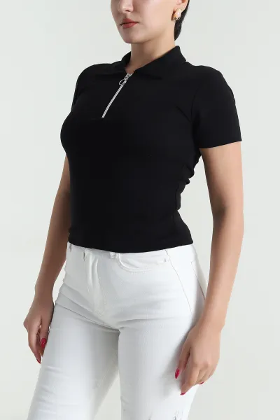 Siyah Fermuarlı Polo Yaka Kadın Body Tişört 477736