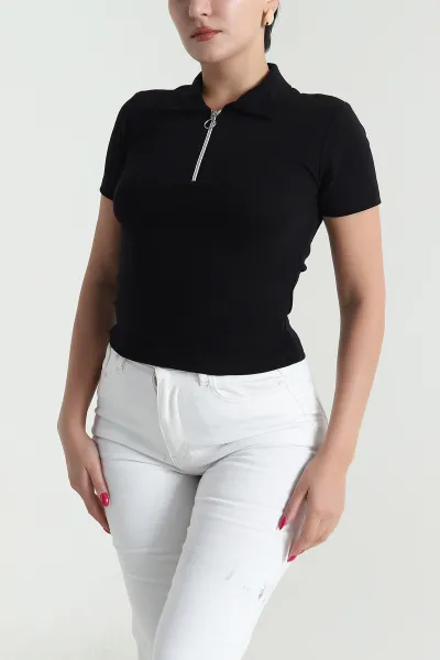 Siyah Fermuarlı Polo Yaka Kadın Body Tişört 477736