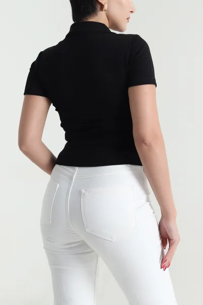 Siyah Fermuarlı Polo Yaka Kadın Body Tişört 477736