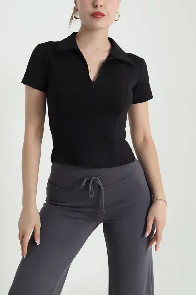 Siyah Fermuarlı Polo Yaka Modal Kadın Bluz 478157