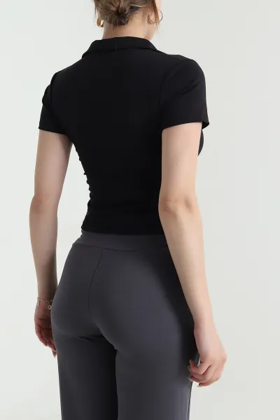 Siyah Fermuarlı Polo Yaka Modal Kadın Bluz 478157