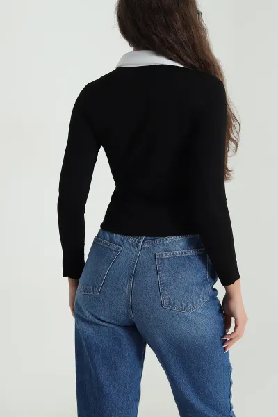 Siyah Fermuarlı Polo Yaka Oysho Kadın Bluz 488563