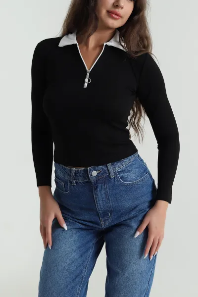 Siyah Fermuarlı Polo Yaka Oysho Kadın Bluz 488563