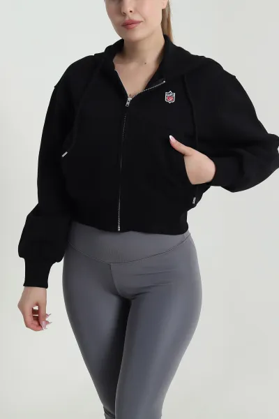 Siyah Fermuarlı Şardonlu Üç İp Kadın Sweat 485039