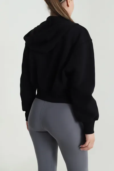 Siyah Fermuarlı Şardonlu Üç İp Kadın Sweat 485039