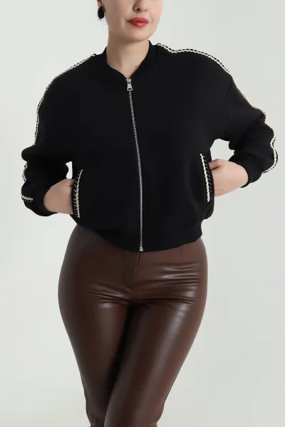 Siyah Fermuarlı Şardonlu Üç İp Kadın Sweat 492555
