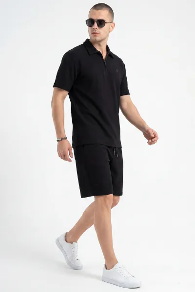 Siyah Fino Polo Yaka Erkek Şortlu Takım 473067