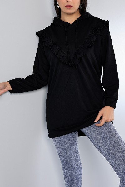 Siyah Fırfır Tasarımlı Kapüşonlu Sweat Tunik 79461