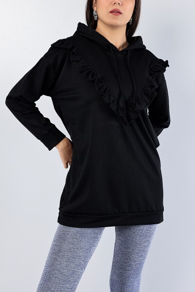 Siyah Fırfır Tasarımlı Kapüşonlu Sweat Tunik 79461