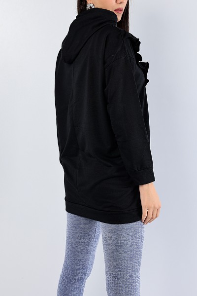 Siyah Fırfır Tasarımlı Kapüşonlu Sweat Tunik 79461