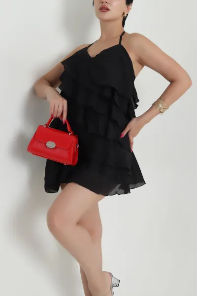 Siyah Fırfırlı Astarlı Tencel Kadın Elbise 474350