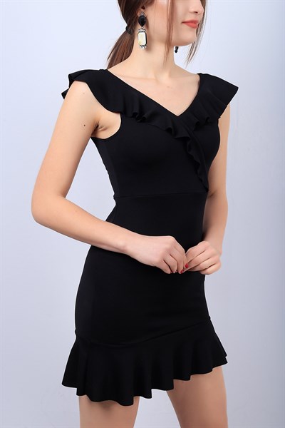 Siyah Fırfırlı Bayan Kolsuz Elbise 11991B