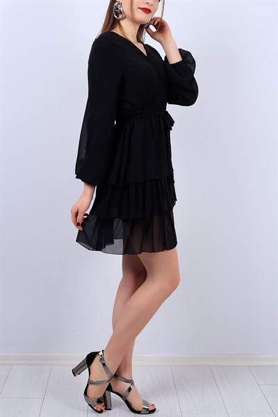Siyah Fırfırlı Bayan Şifon Elbise 11915B