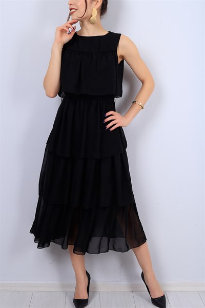 Siyah Fırfırlı Bayan Şifon Elbise 12466B