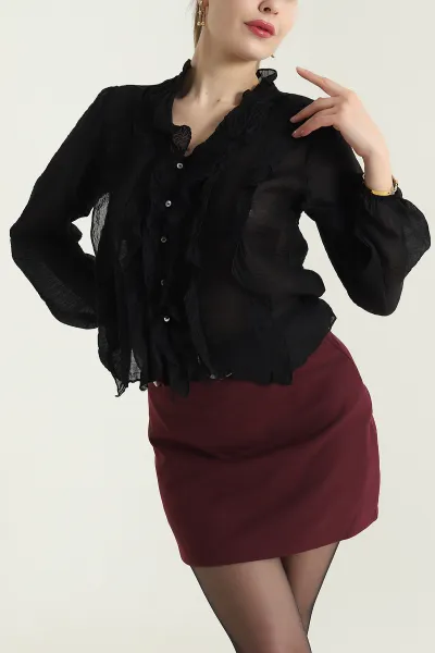 Siyah Fırfırlı Tensel Kadın Bluz 434179