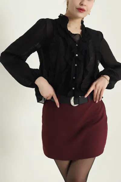 Siyah Fırfırlı Tensel Kadın Bluz 434179